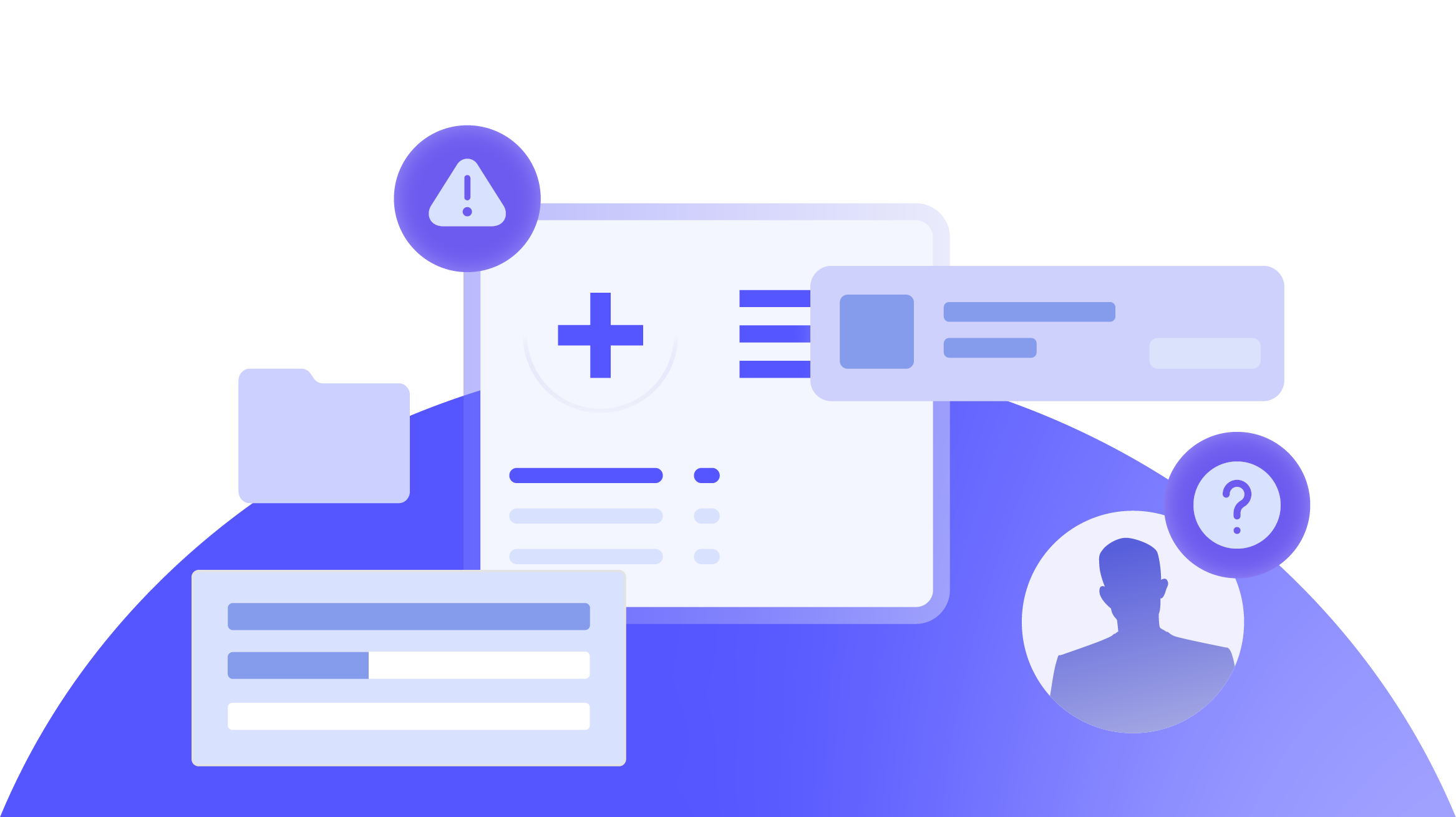 Illustration of a healthcare provider record with alerts, missing data indicators, and user questions