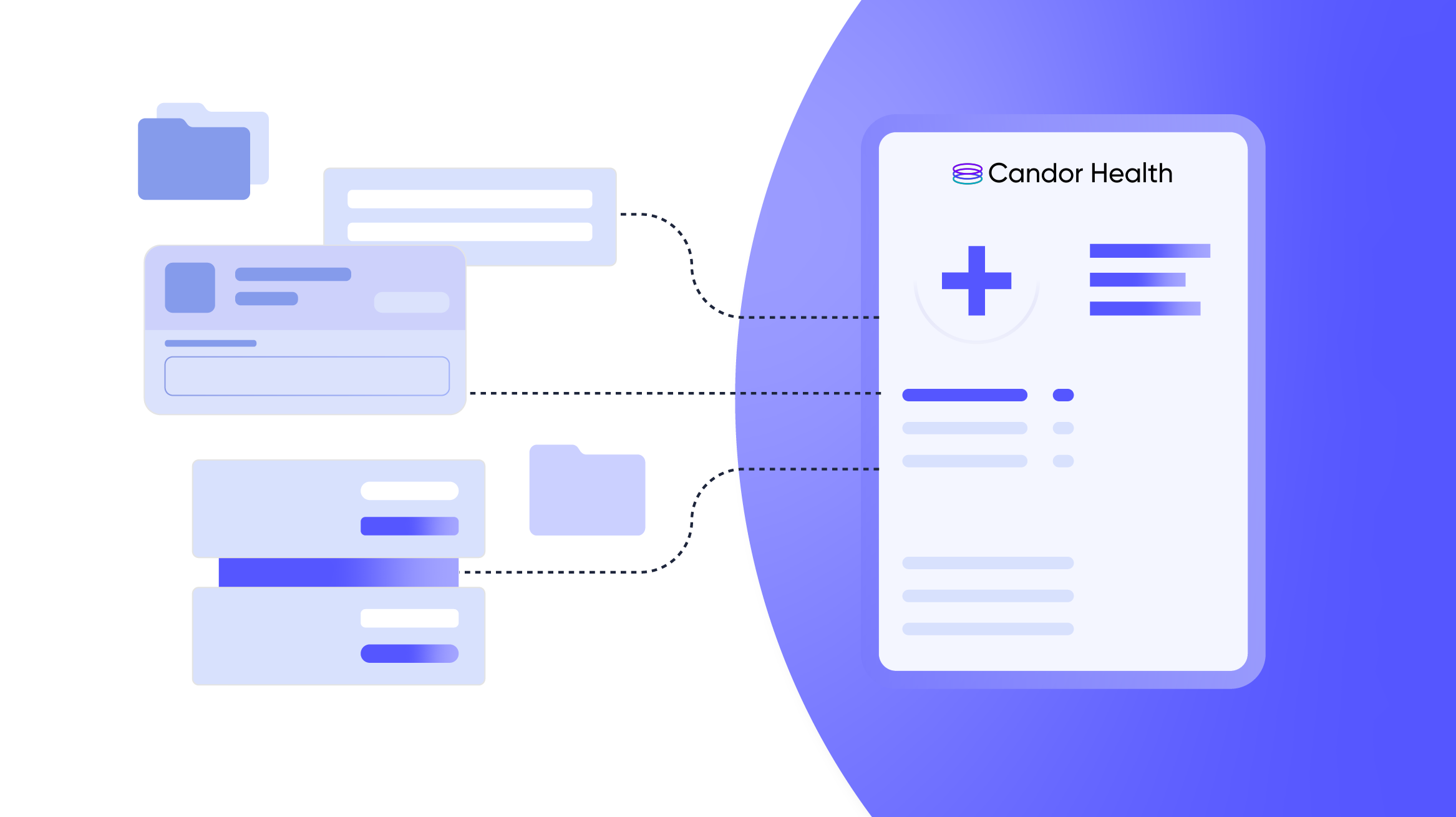 Illustration showing multiple healthcare data sources and systems flowing into a single Candor Health provider profile